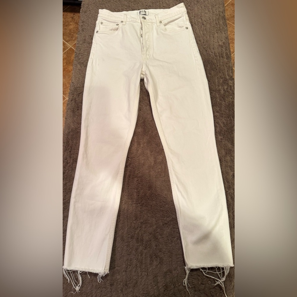 Agolde Nico White High Rise Slim Jeans with Frayed Hem 28